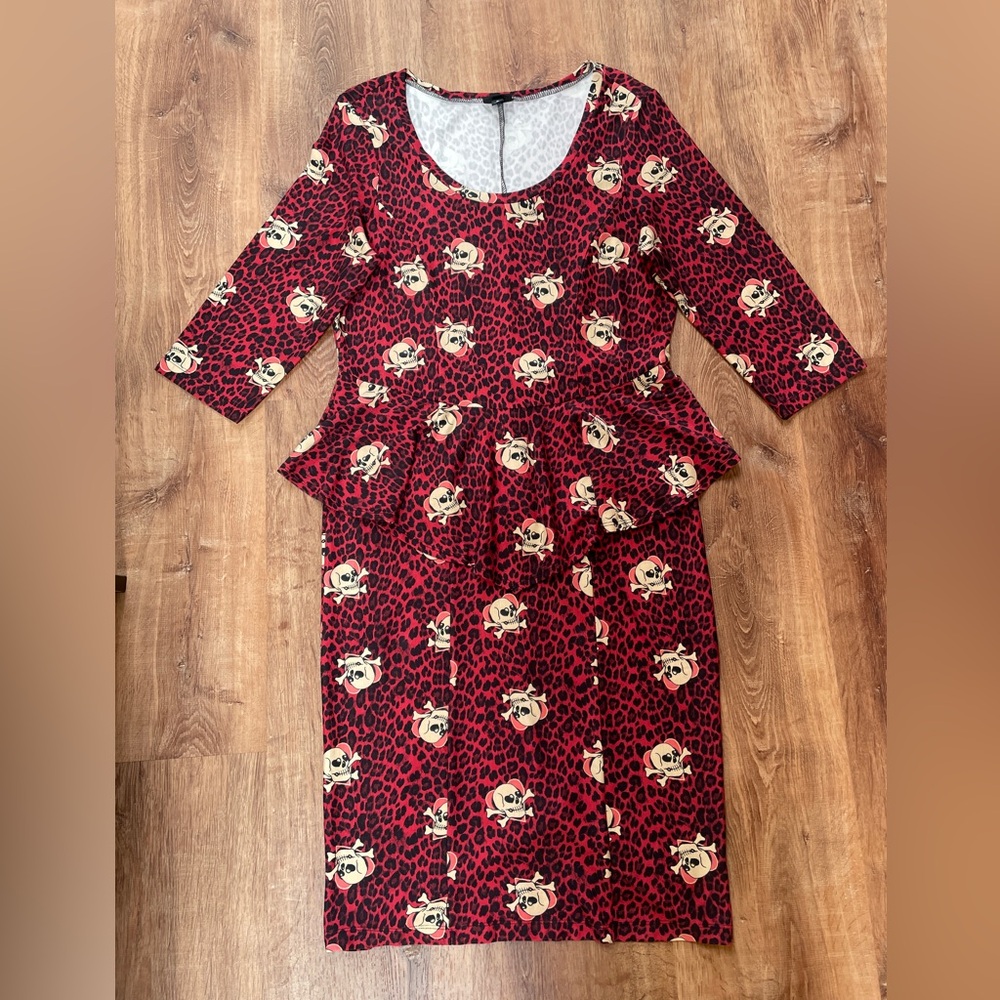 Torrid Skull Peplum Dress Leopard‎ Print Size 12 Goth Halloween Stretch Bodycon - Picture 3 of 11